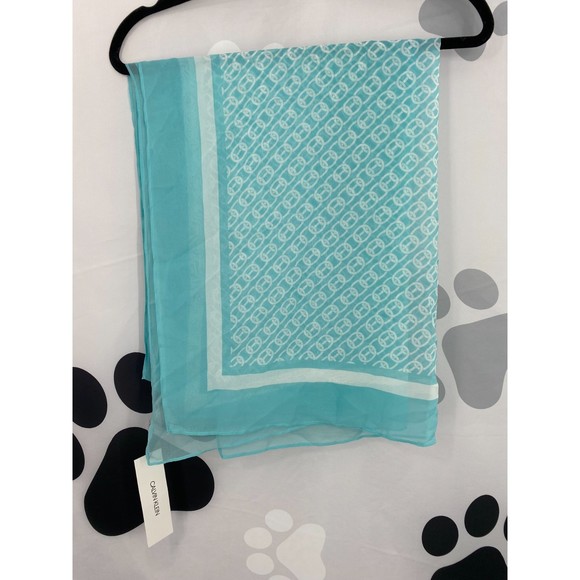Calvin Klein NWT Chain Print Chiffon Oblong Scarf Border Aquatic Blue OS New - Picture 1 of 9